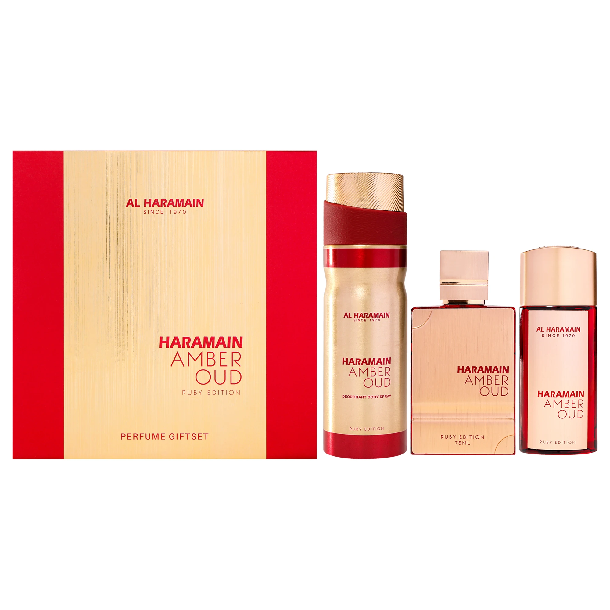 

Amber Oud Ruby Edition от Al Haramain для унисекс — подарочный набор из 3 предметов: спрей EDP 2,5 унции, 1 унция EDP, спрей для тела 6,6 унции