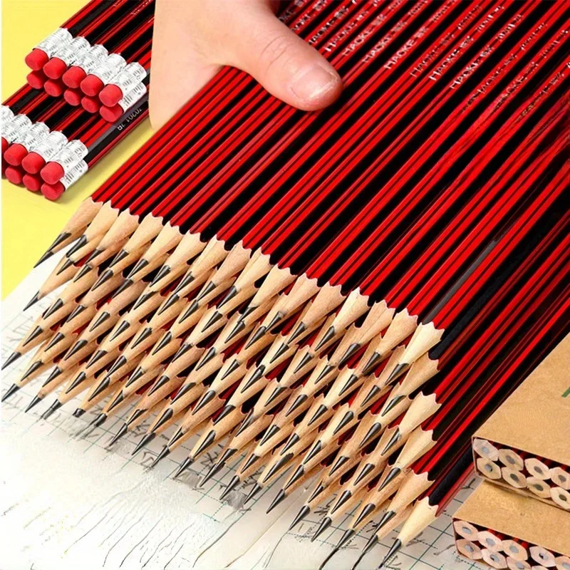 Crayons en bois HB avec gommes – Bûches rouges et noires pour écrire, dessiner et croquis – Idéal pour les étudiants et les fournitures de bureau