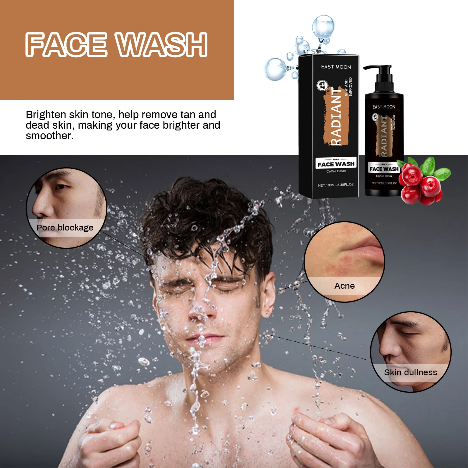 East Moon 100g Men Shrink Pores Facial Cleanser Oil Control Moisturize Exfoliate Face Anti Acne Hydrating Refresh Face Cleanser - Image 4