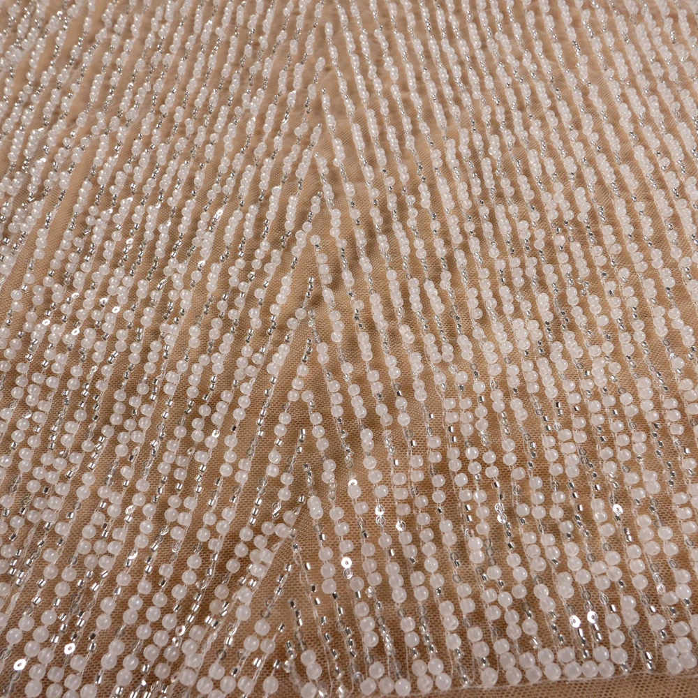 HelluyerDC Off-white  beading lace fabric,125cm width incline lace for fashion,wedding,evening,dance gown by the yard