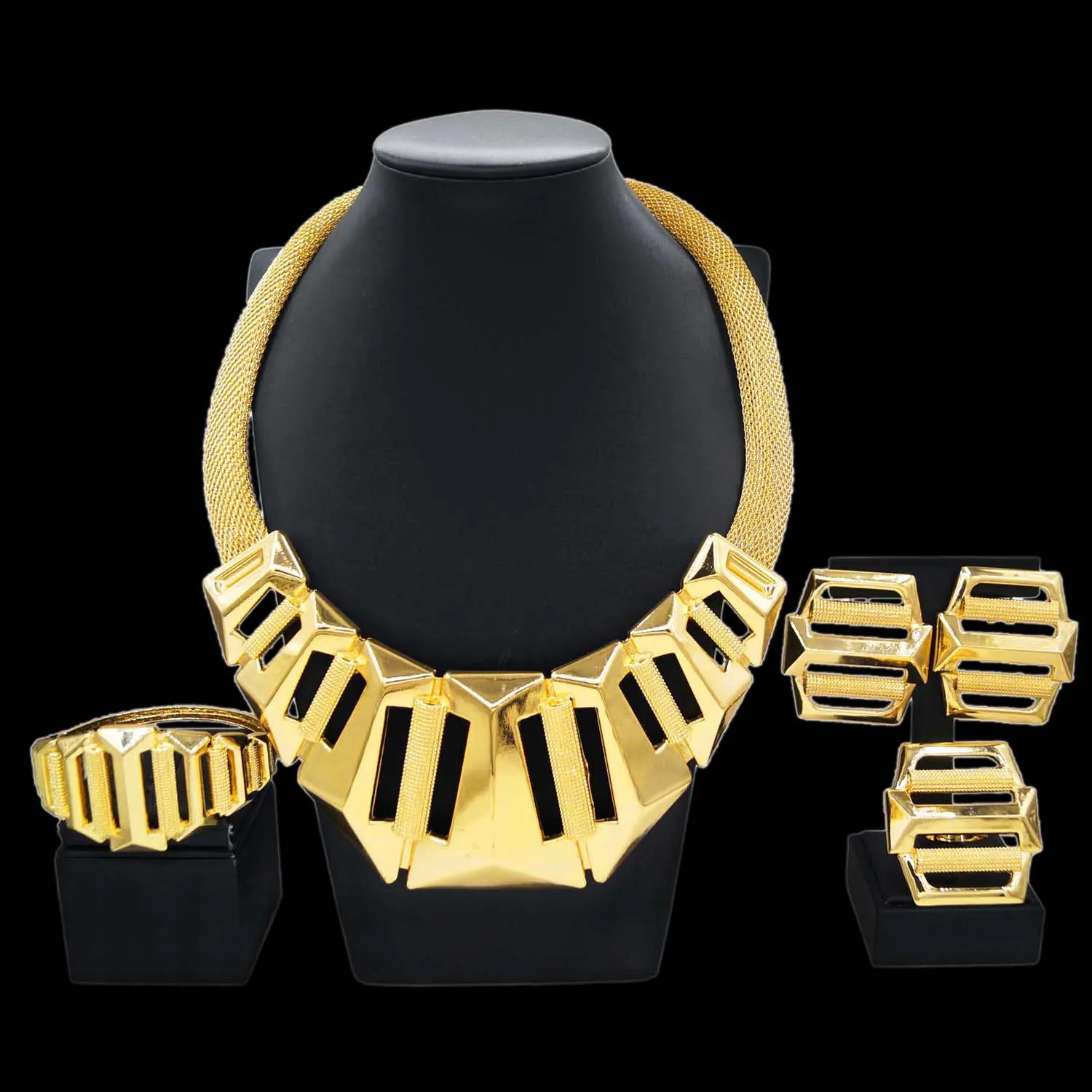 Dubai Gold Plate Jewelry Sets For Women Designer Style Gold Color Glossy Necklace Earrings Bracelet Party Jewelry