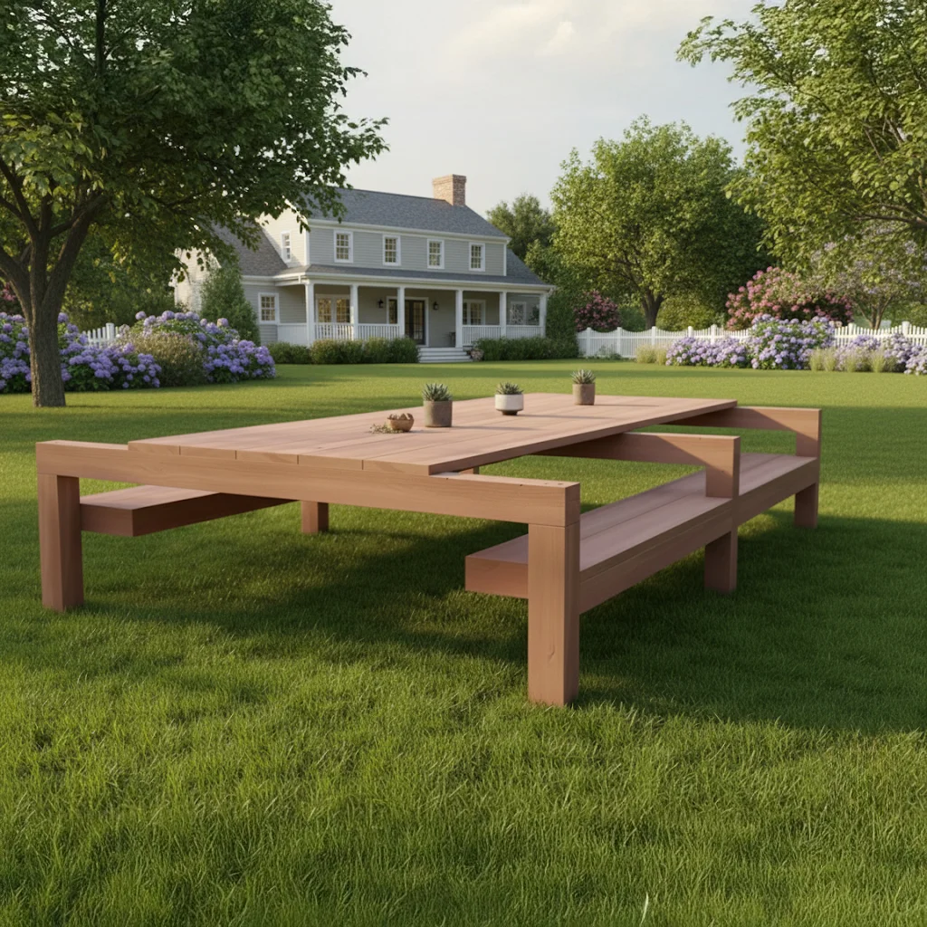 Outdoor Table with Benches Printed Plans – 16 ft 6x6 Base | DIY Woodworking Guide (Printed Booklet, No Materials, Not a Kit)