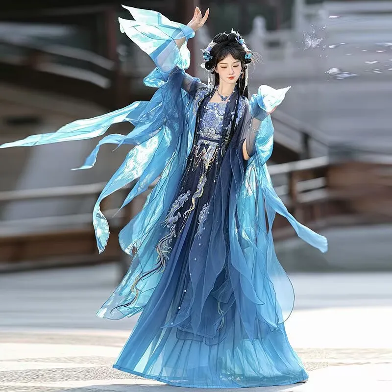 Nieuwe Hanfu Jurk Vrouwen Chinese Geborduurde Marine Hanfu Pakken Vrouwelijke Halloween Carnaval Fee Cosplay Kostuum Party Hanfu Jurk