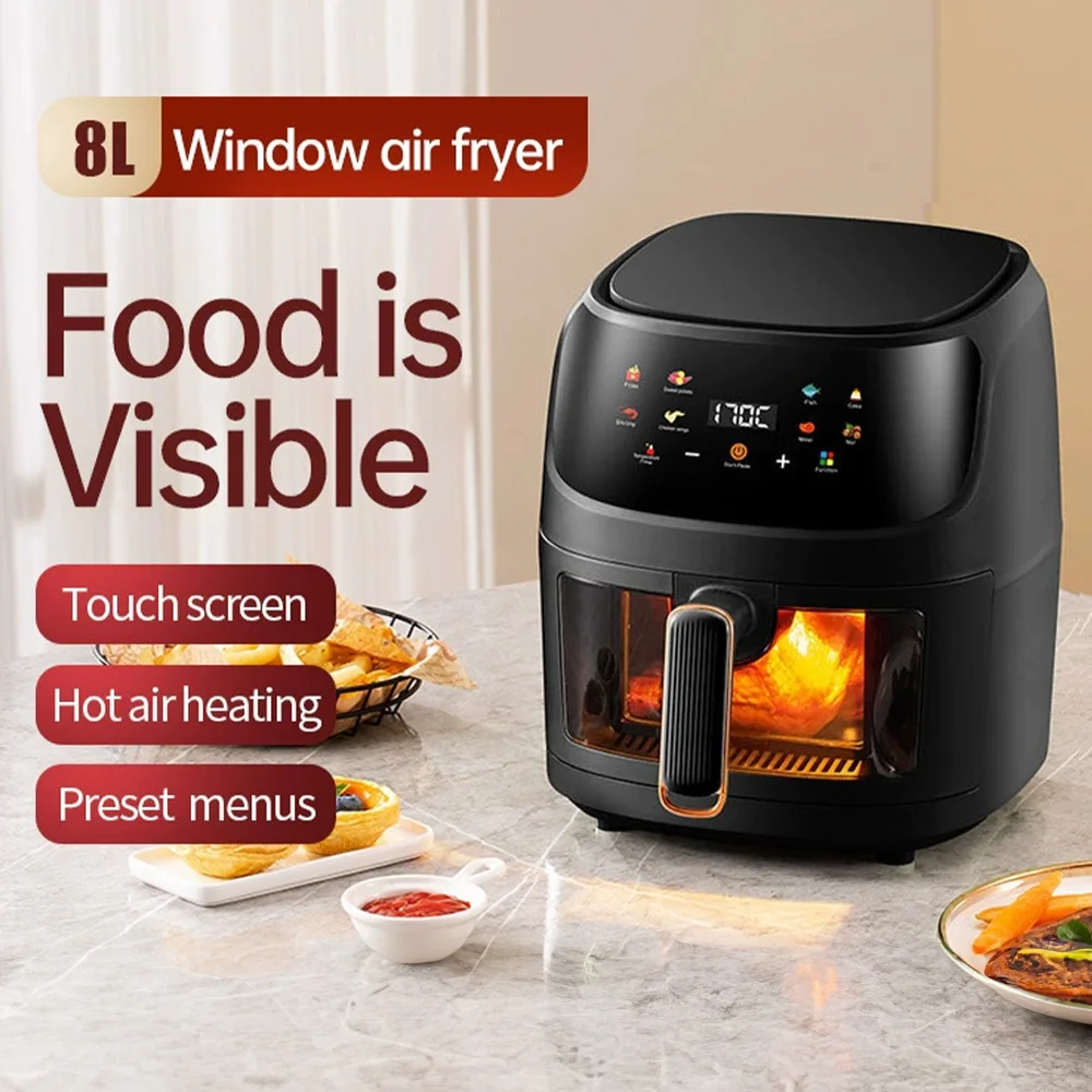 8L Elektrische Heißluftfritteuse, multifunktionaler digitaler Ofen mit Sichtfenster, Touchscreen-Heißluftfritteuse für Pommes Frites, Brathähnchen, Ente