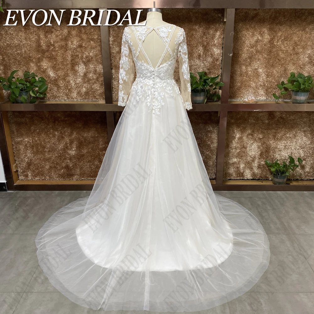 EVON BRIDAL Light Champagne Wedding Dresses Long Sleeve Real Picture vestidos de novia Appliques Lace Backless Bride Gown A-Line