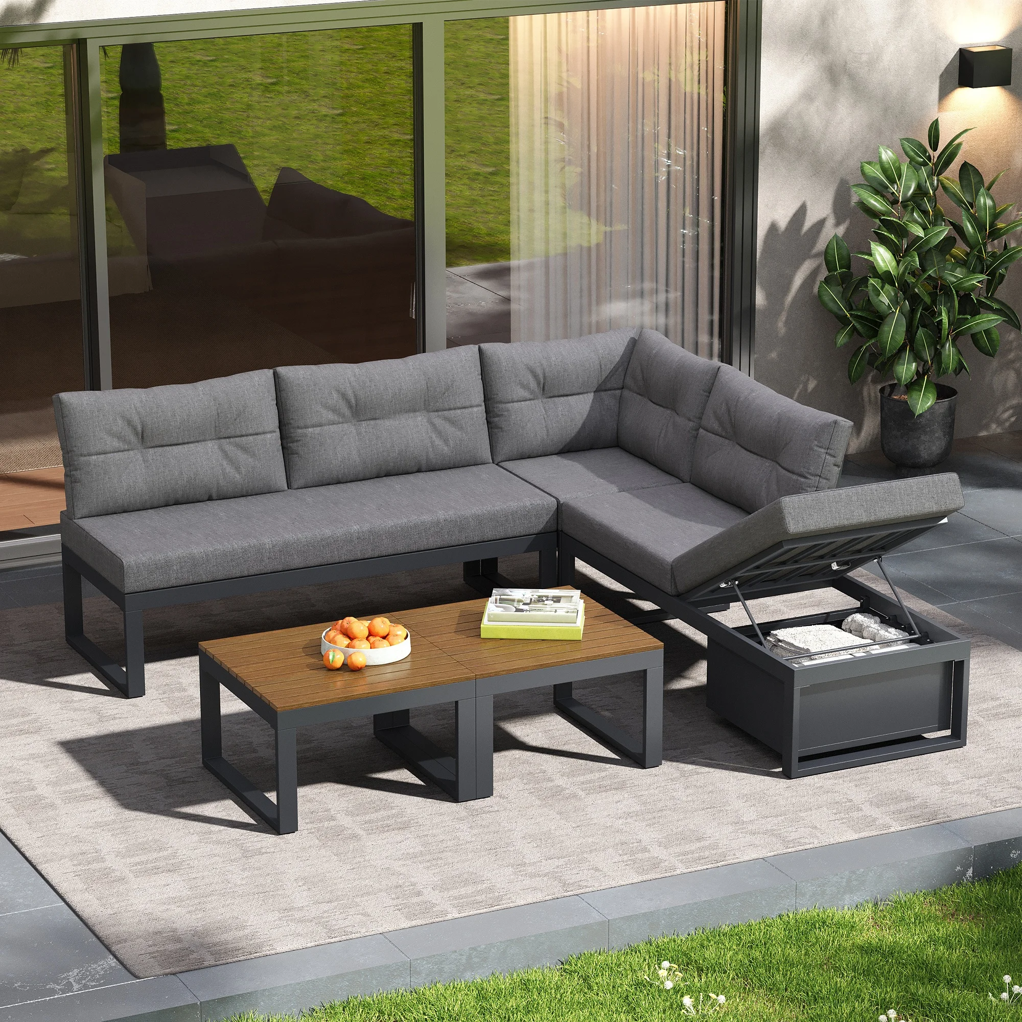 Salon Jardin Sofá Esquinero Modular, Mesa, Respaldo de 3 Posiciones, Rango, Poliéster Gris, Terraza/Balcón
