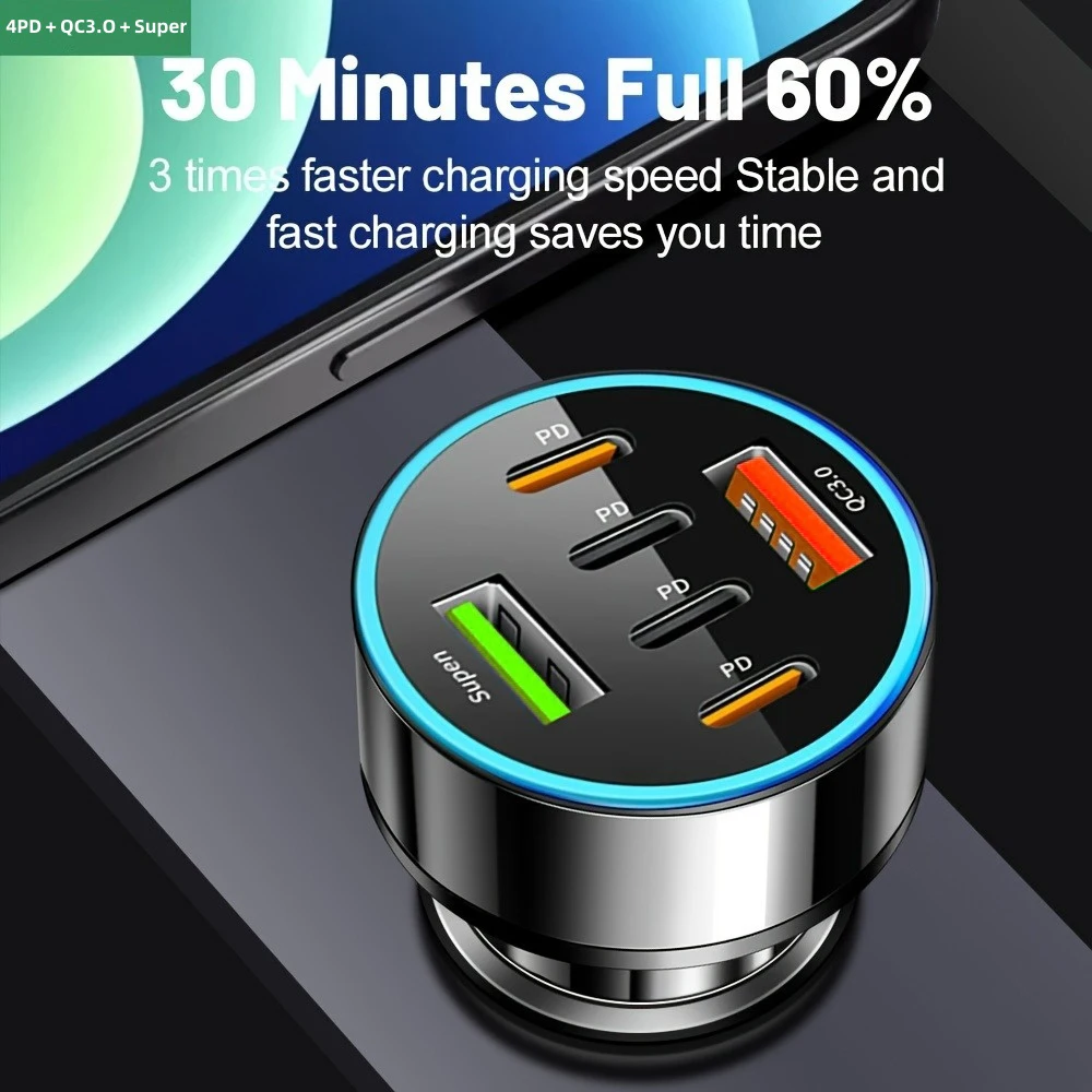 Mini 6in1 USB Car Charger Fast Charging PD QC3.0 USB Type C Auto Phone Charger Adapter in Car For iPhone Samsung Huawei Xiaomi