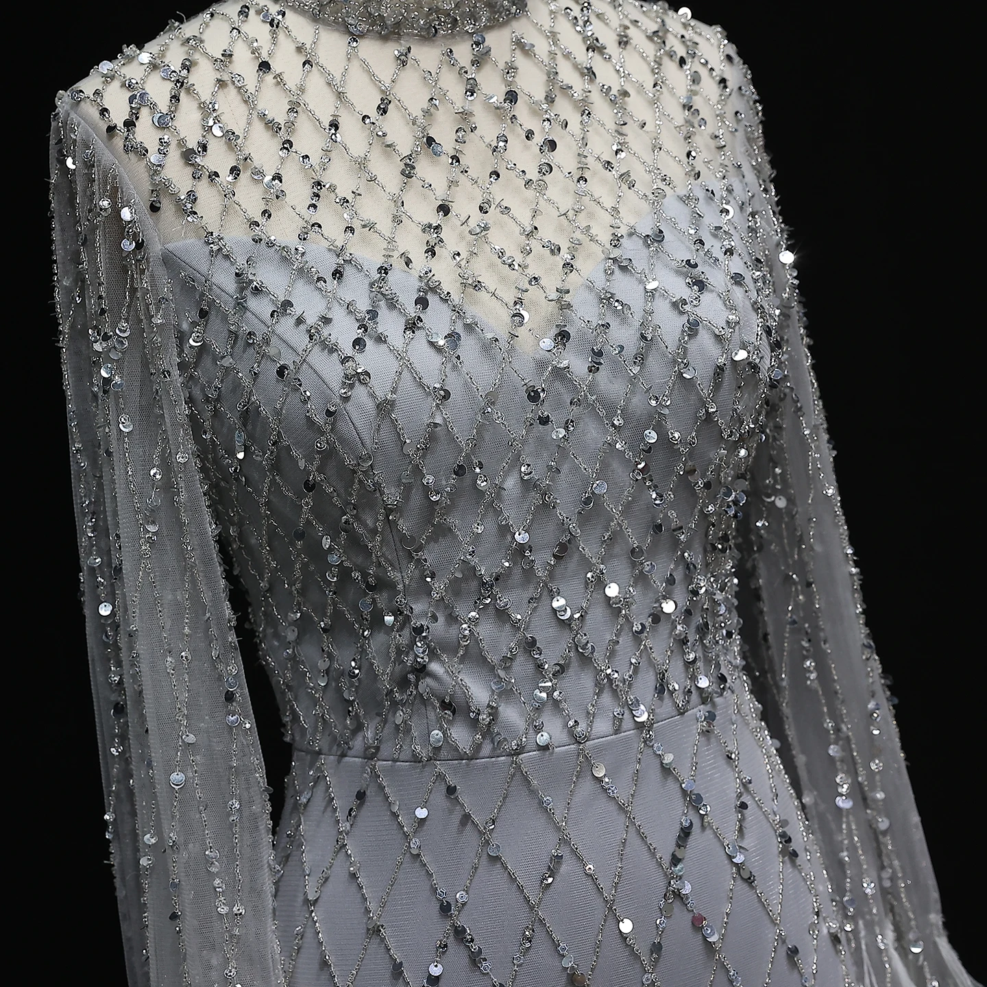 Sharon Said Luxury Beaded Feathers Sage Green Evening Dress Long Sleeves Elegant High Neck Nude for Women Wedding SS144 Custom