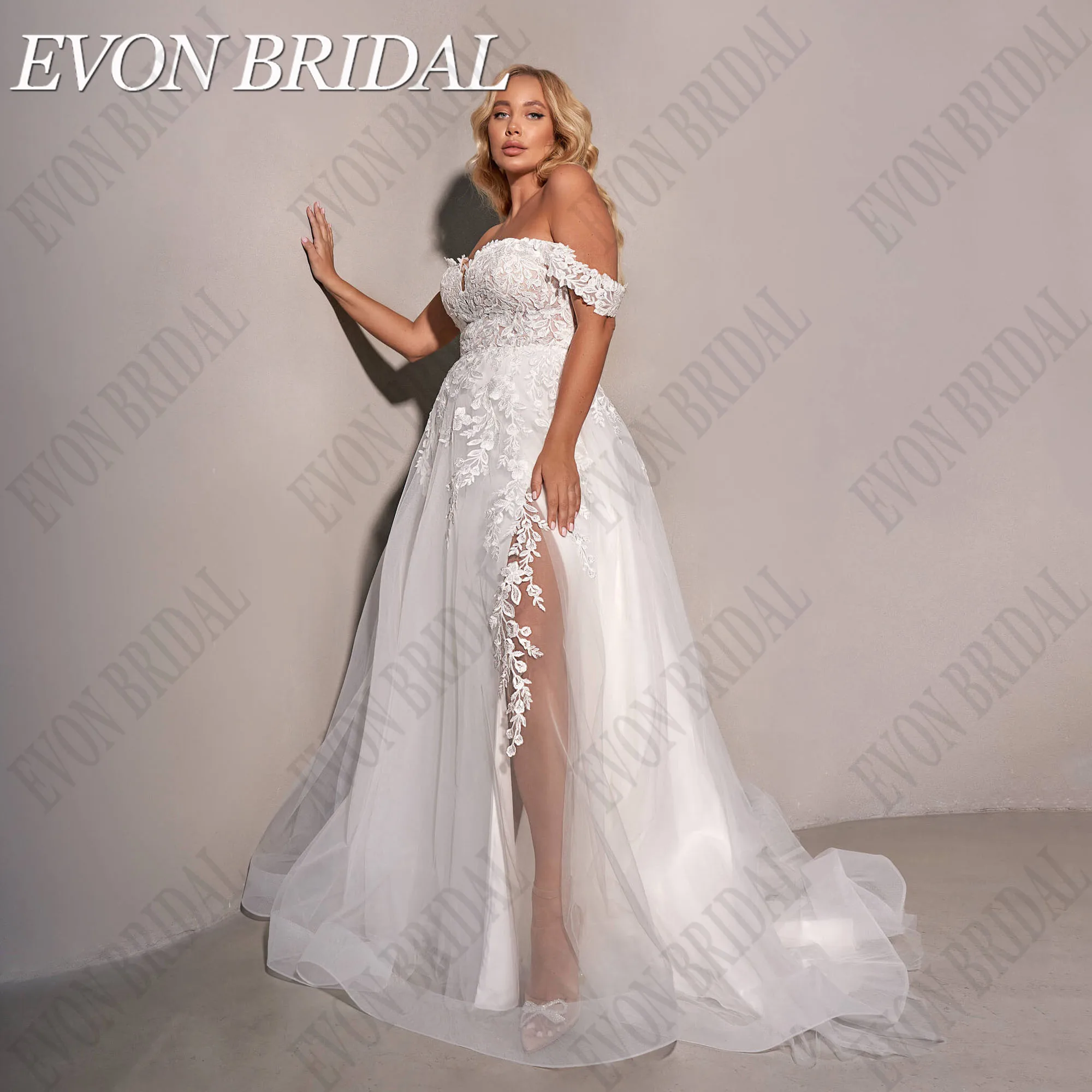 

EVON BRIDAL Customized Oversize Off Shoulder Wedding Dress V-Neck Applique Lace Bride Gowns Side Split Elegant Robe De Mariée