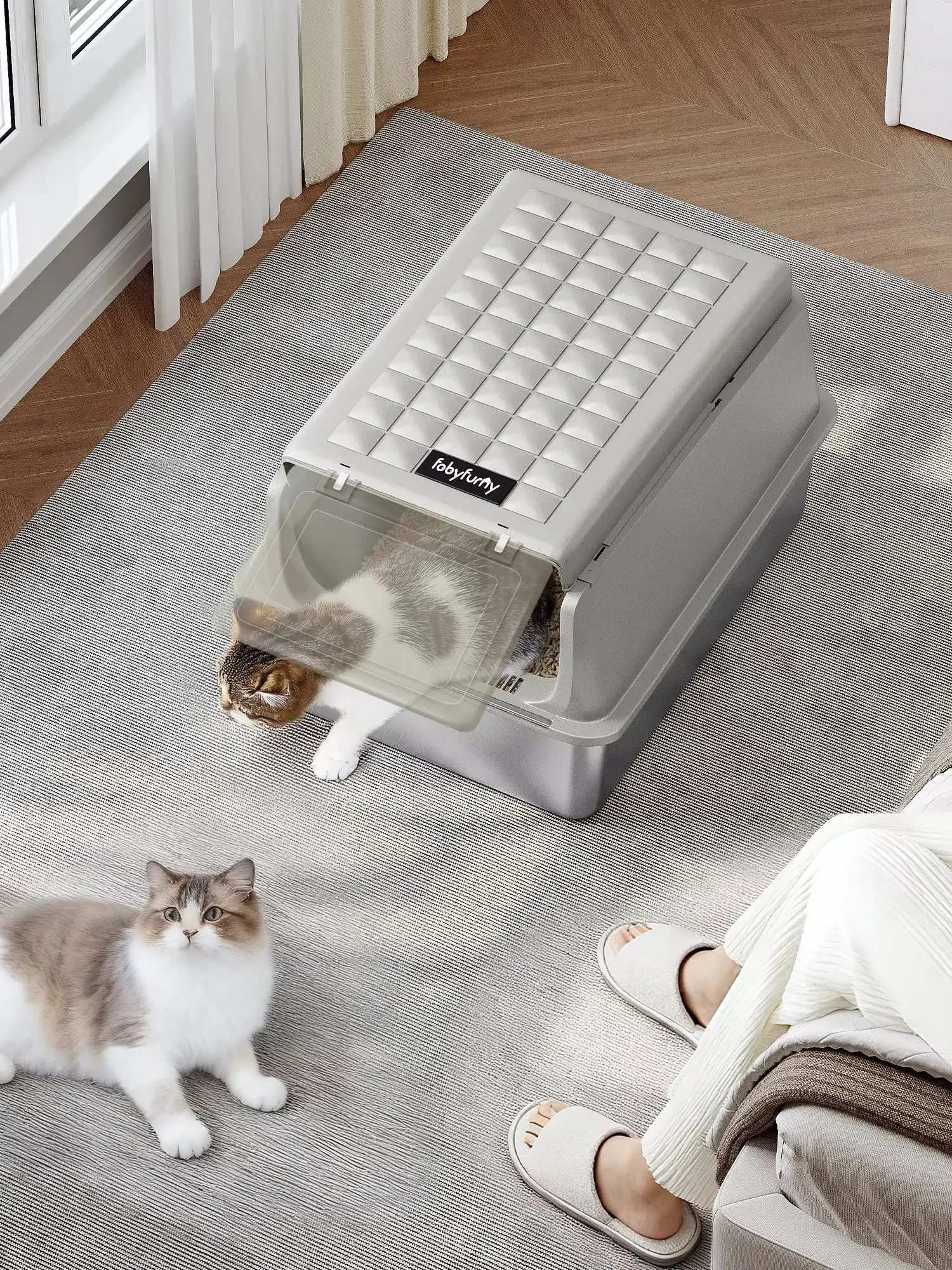 HaluPeit Box aus Edelstahl, XXL-Katzentoilette, 60x40x38,5 cm, Cremegrau. Große, geschlossene Katzentoilette mit Schaufel und Trittplattform, 120. °   Scharnierdeckel, abnehmbar, leicht zu reinigen