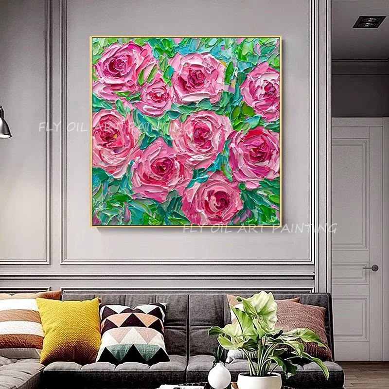 

100% Handmade colorful pink flower picture with green canvas picture landscape artwork Oil Paintings Corridor Gift Unframe