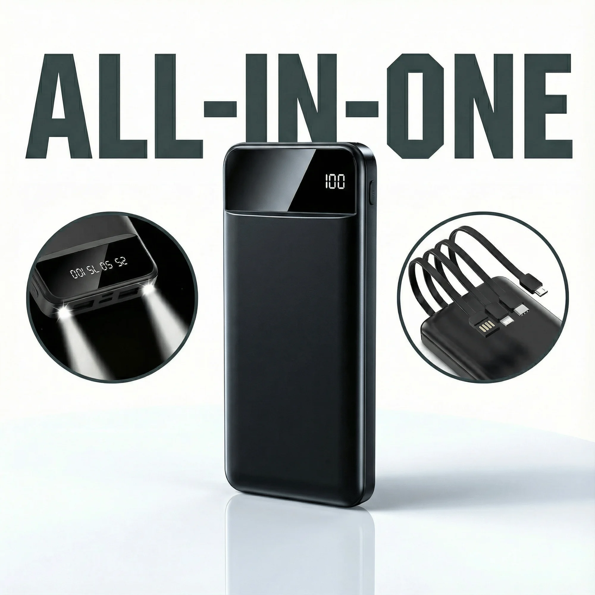 20.000 mAh Powerbank mit integriertem 4-in-1-Ladekabel, digitalem LCD-Display und LED-Taschenlampe; lädt bis zu 5 Geräte gleichzeitig auf und eignet sich als tragbares externes Ladegerät für Reisen