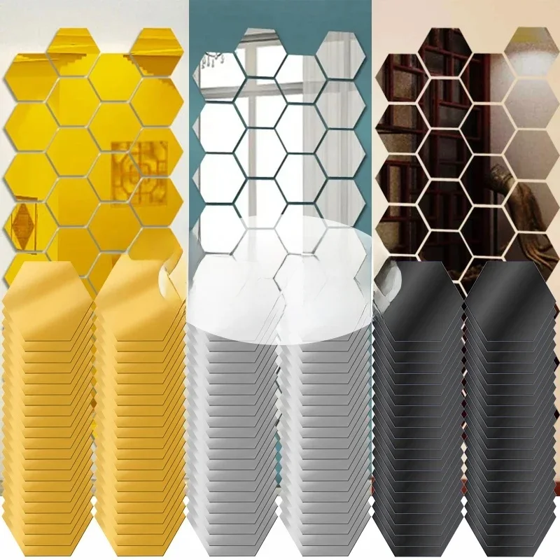 Autocollant mural miroir acrylique Hexagonal, Mini miroir solide, autocollants auto-adhésifs or argent, décor artistique pour chambre à coucher, maison, 100/1 pièces