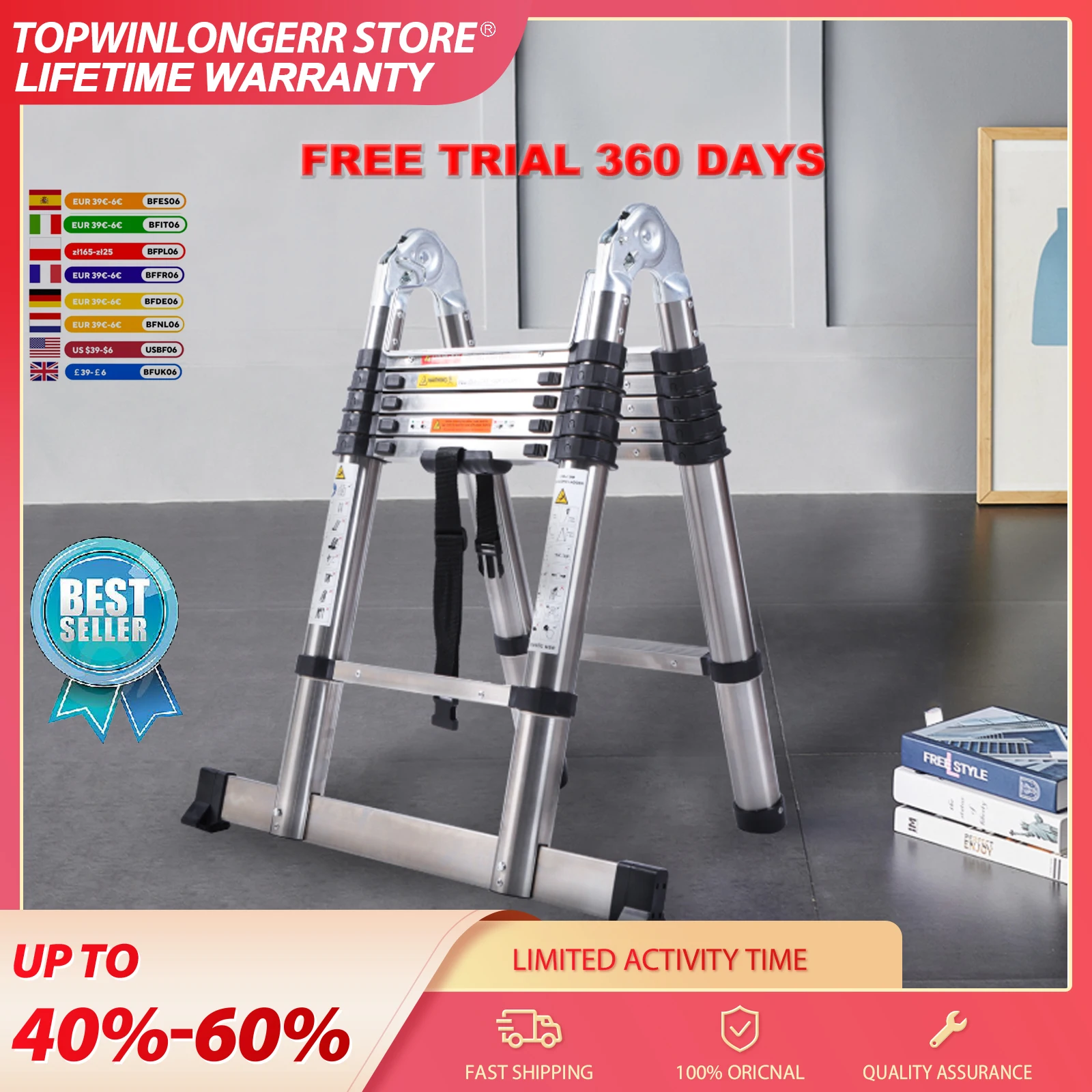 Escalera telescópica de 3.8 m, extensión de 12.5 pies, 1.9 m + 1.9 m, escalera plegable multiusos en forma de A, escalera telescópica de aluminio ligera y portátil, capacidad de 330 lb, EN131, plateada