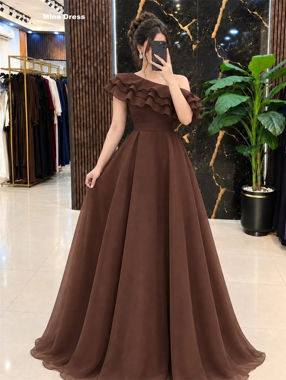 Mina Customized Pink Slant Layered Flower A Line Off the Shoulder Luxurious Evening Dresses for Special Occasions Prom Dress