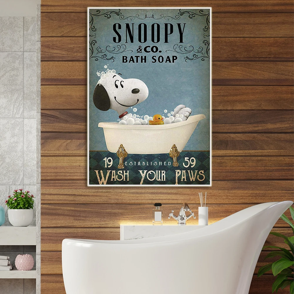 Snoopy Bath Soap Wash Your Paws Poster Vintage Wall Art Funny Picture Canvas Painting Print for Kids Bathroom Home Decor Cuadros