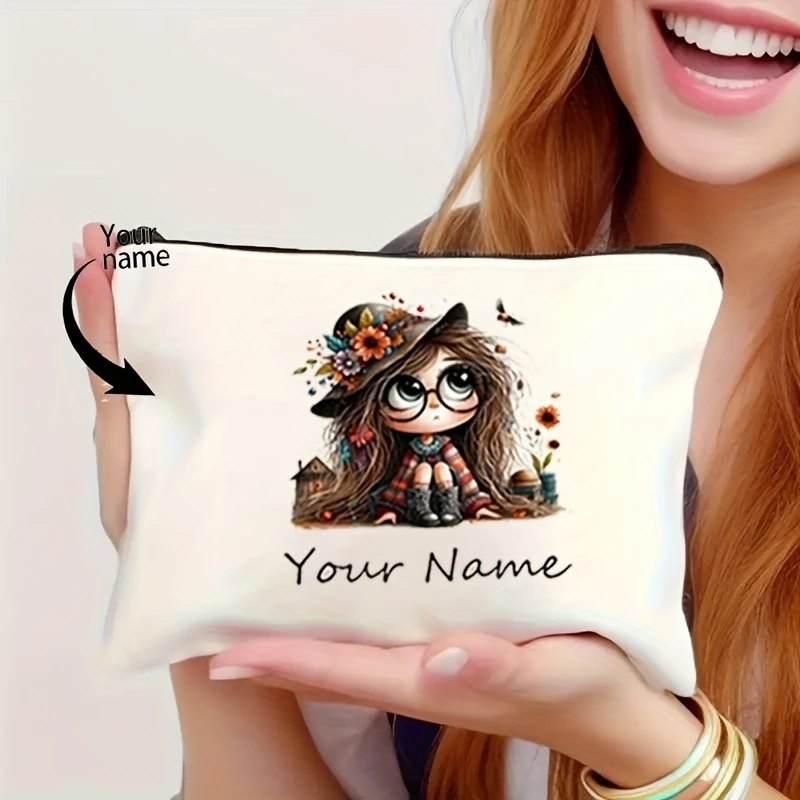 Pochette de maquillage personnalisée avec nom, motif papillon vintage, impression intégrale, citation inspirante, pour fille