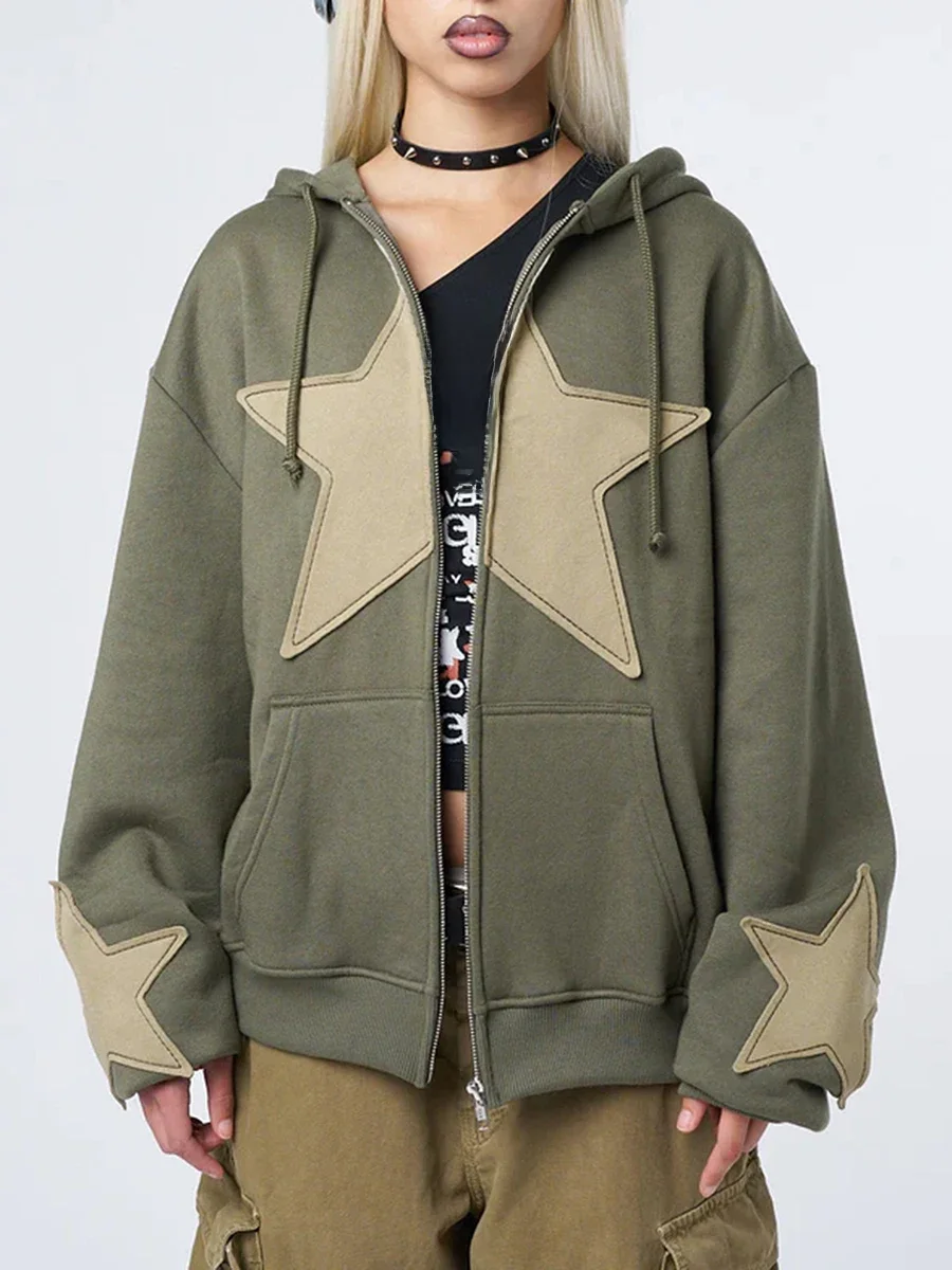 Y2K Vintage Star Print Bluza z kapturem dla kobiet Casual Luźne bluzy z długim rękawem Zapinane na suwak Bluzy ze sznurkiem Jesień Wiosna Płaszcz Street — zdjęcie 2