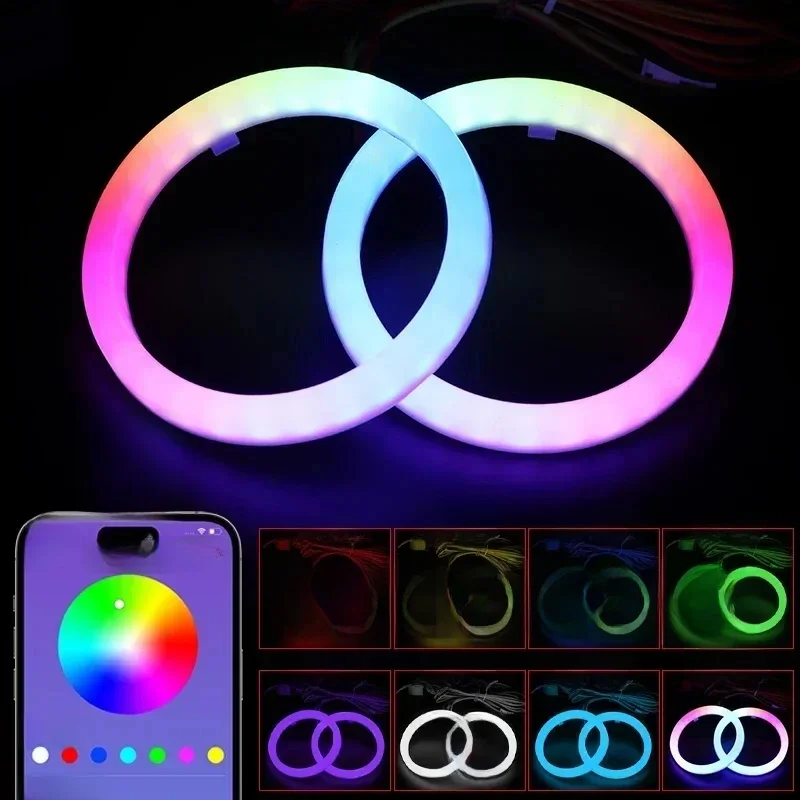 2PCS RGB Katoen LED Angel Eyes Halo Ringen 60mm 70mm 80mm LED Koplamp Lampen voor Auto UTV Motorfiets DRL Ogen APP Controle - afbeelding 2