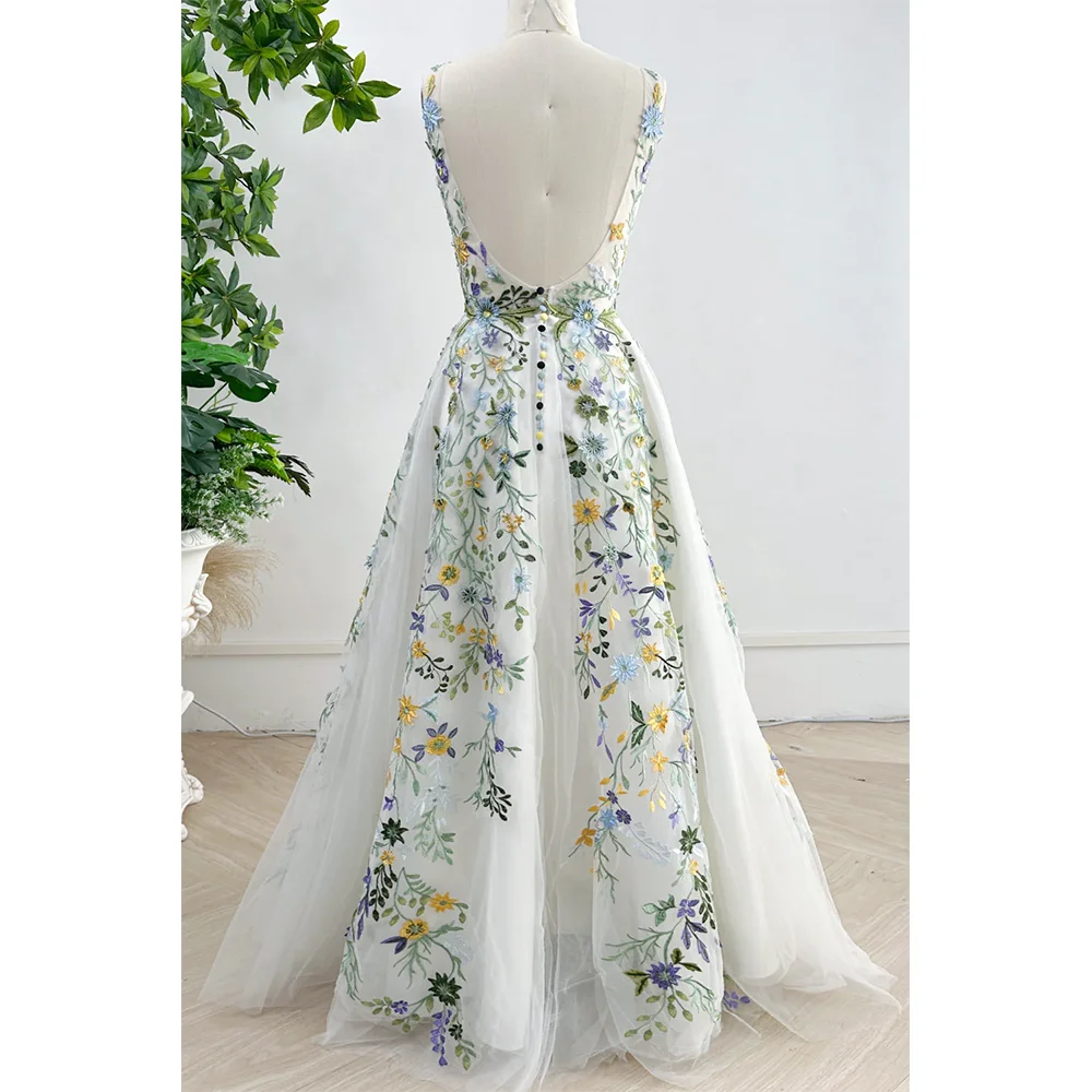 Real Photos Customized Embroidery Floral Lace A-line Evening Dress For Women V-neck Sleeveless Open Back Formal Dress Party Gown