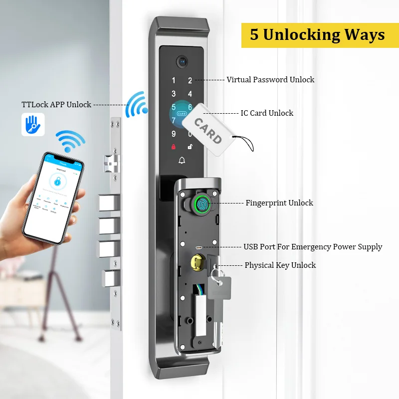 3D Face Recognition TTlock Smart Digital Door Lock, impermeável, Bluetooth, Wi-Fi, Impressão digital, Eletrônico, Código Biométrico Inteligente