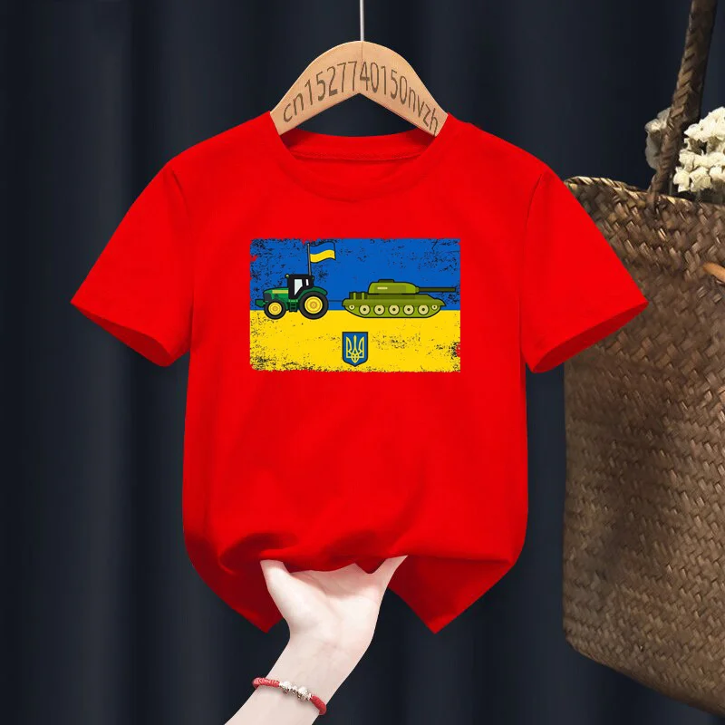 Ukrainian Farmer Steals Tank Print Red Kid T-shirts Children Baby Black Harajuku Kawaii Clothes Boy Girl Tops Gift Present