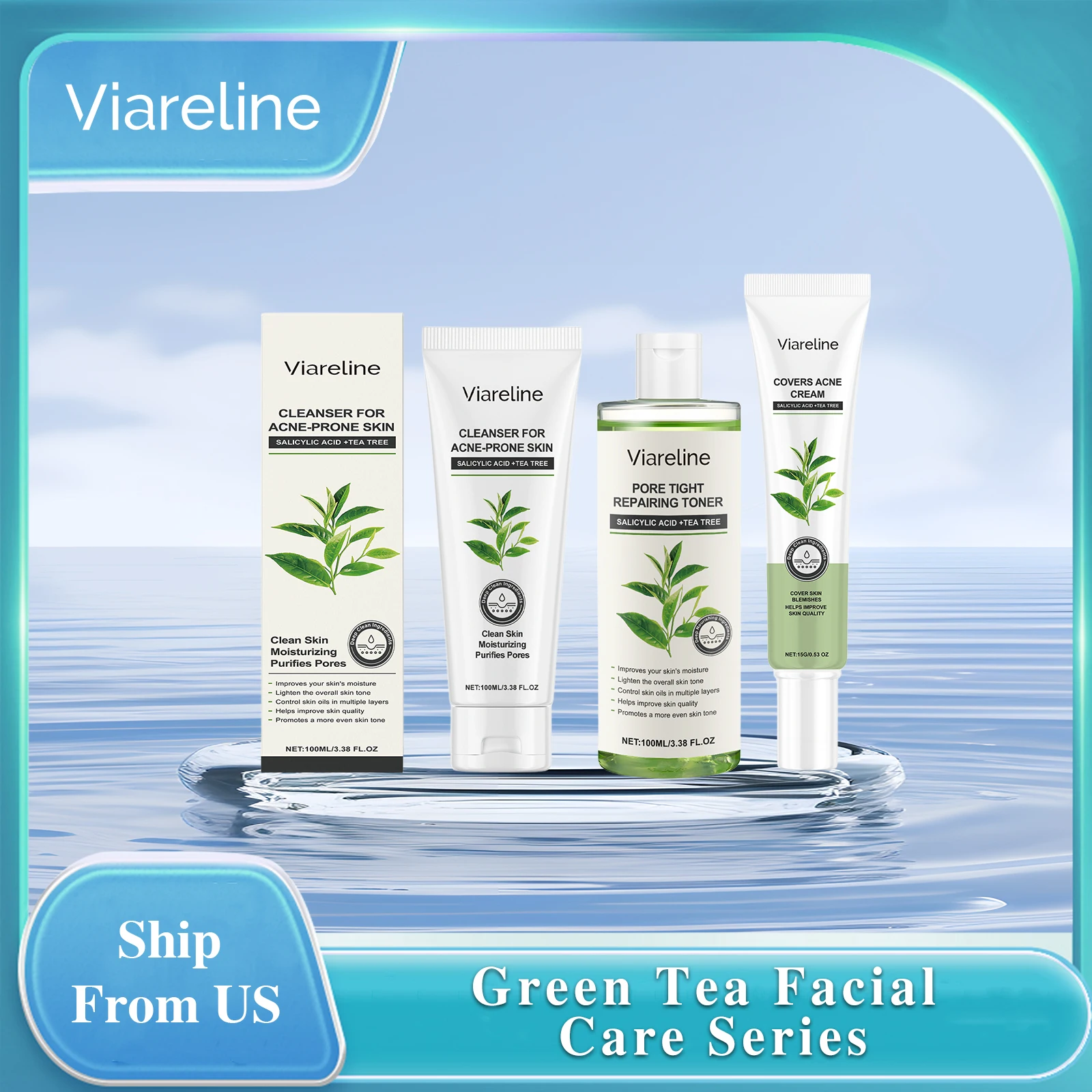 

Viareline Green Tea Anti Acne Care Series Remove Pimple Cream Oil Control Pores Cleanser Repair Acne Toner Nourish Face Care Set