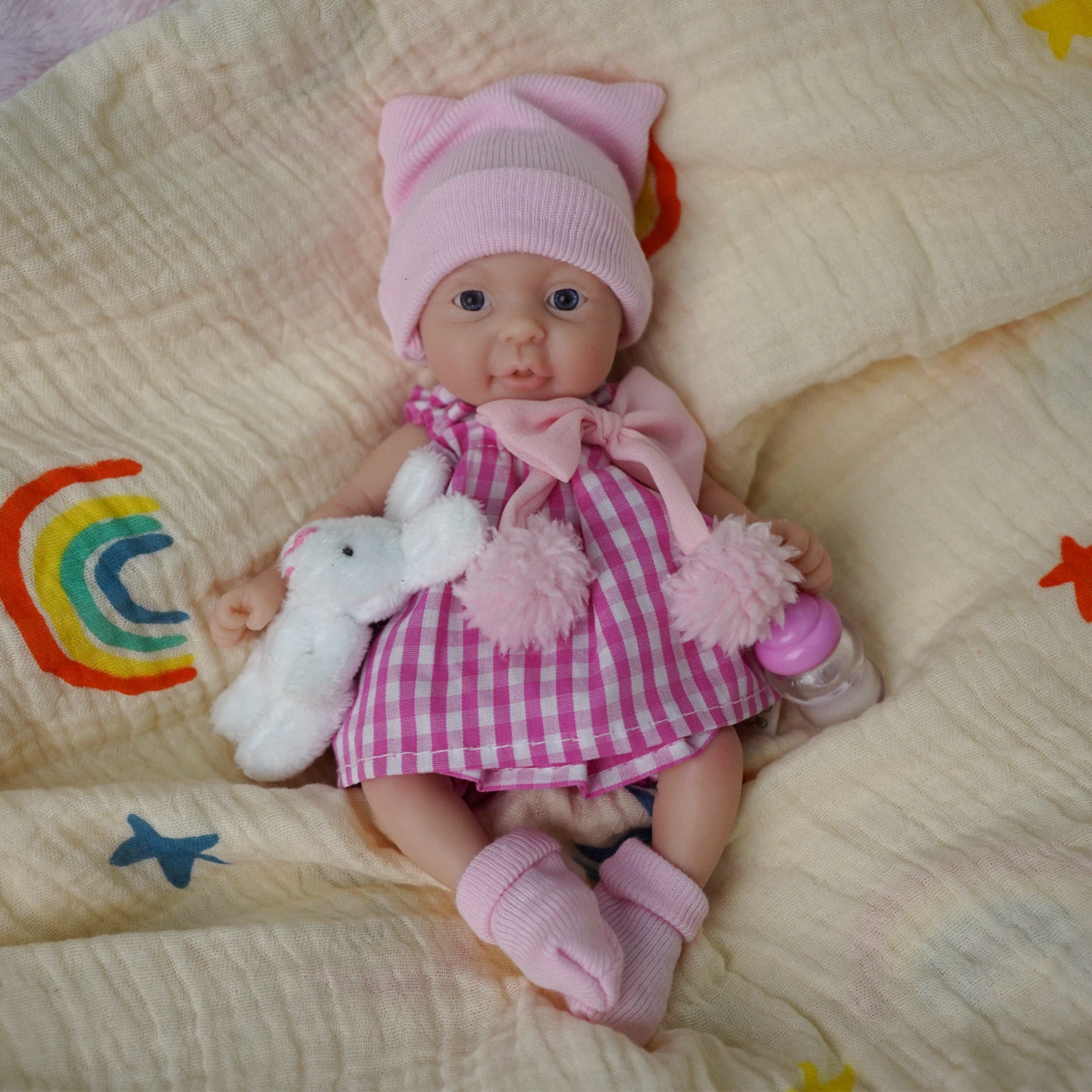 Reborn Baby Doll - 7 Inch Mini Silicone Realistic Newborn Baby Doll, Washable Baby with Feeding Kit-Pink