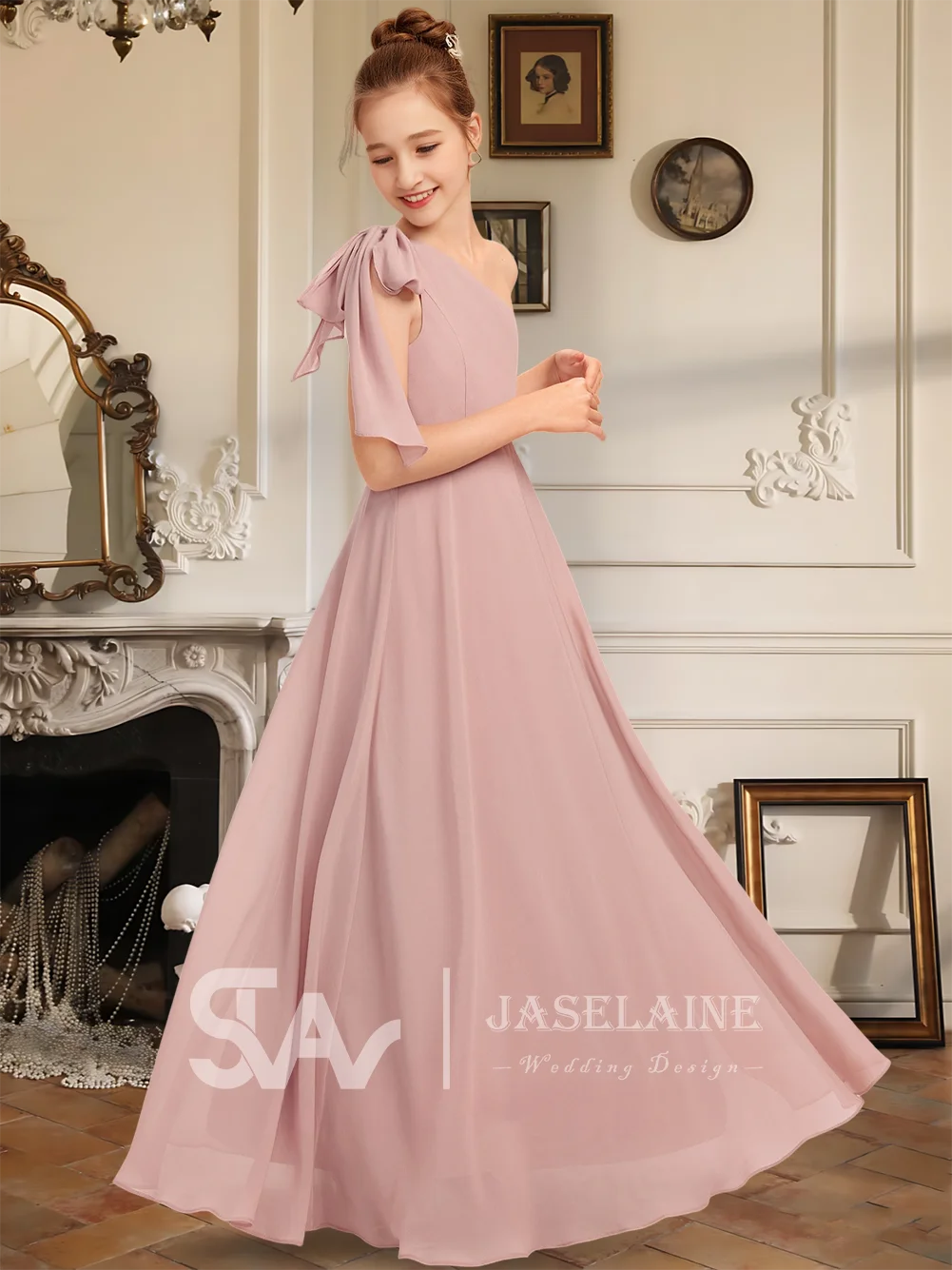 

QA A Line One Shoulder Floor Length Chiffon Junior Bridesmaid Dress With Bow Sleeveless Flower Girl Dress Wedding Party Formal