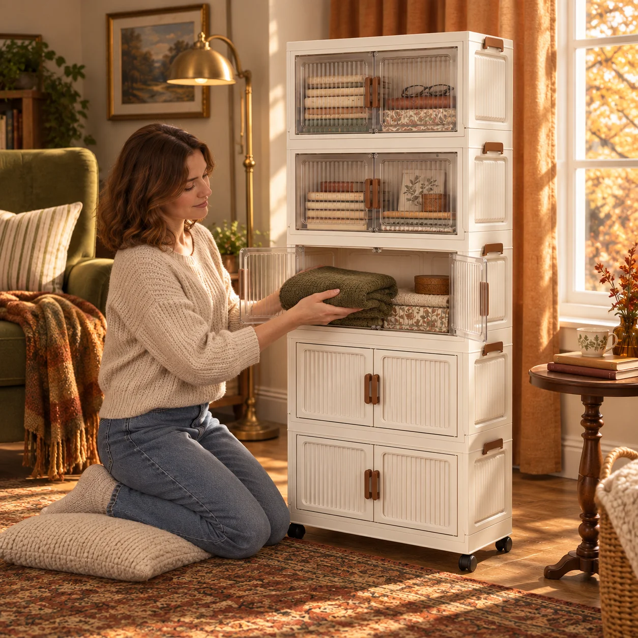 3/4/5-Tier Foldable Storage Cabinet with Clear Double Doors and Wheels, Rolling Organizer for Books, Clothes, Crafts and Household Essentials, Freestanding Storage Unit for Living Room, Bedroom or Office