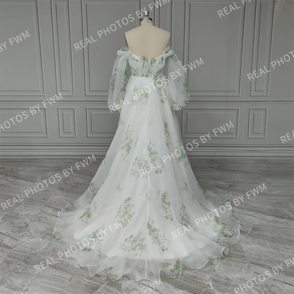 15357# Real Photos Green Puffy Ruffles Sleeves Wedding Dress Floral Printe Pleat Organza Sweep Train Bridal Gown For Women