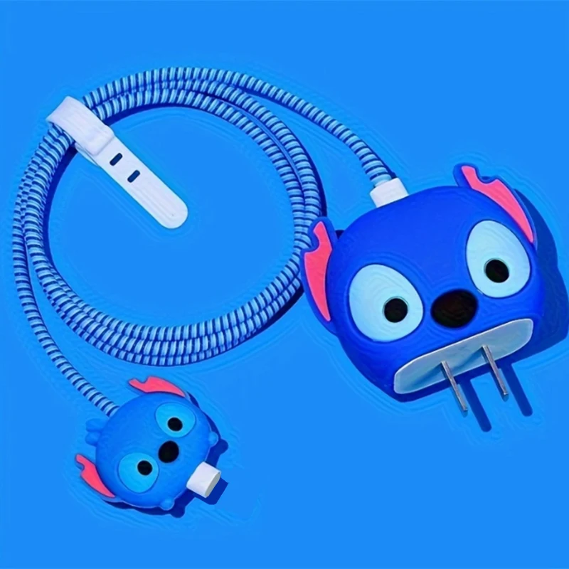 Kabel pelindung Charger cepat, aksesori kabel Data, penutup kepala pengisi daya cepat, pelindung Charger Disney Stitch lucu 3D berlisensi