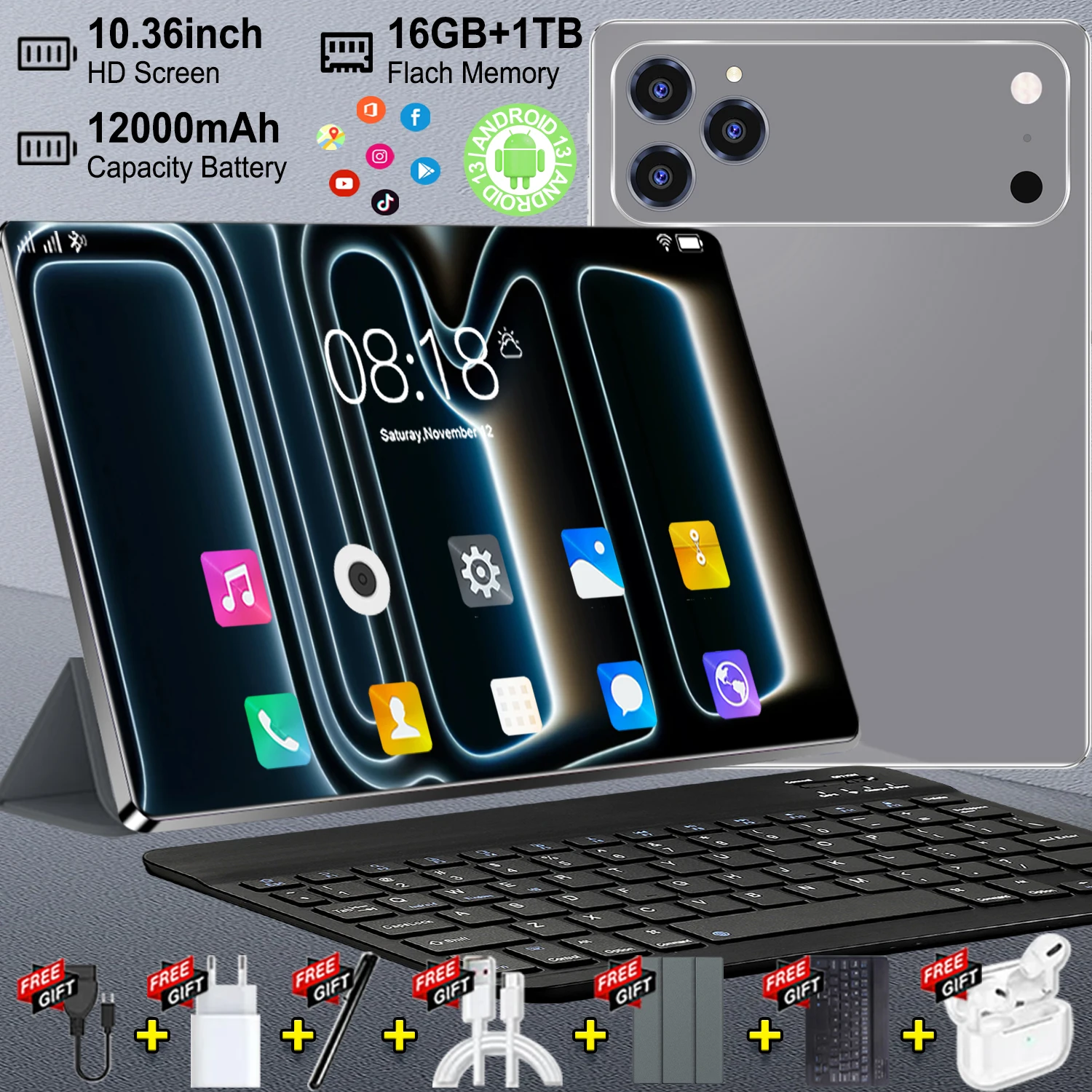 Tablet Android 2026 5G Pro17 Nueva de 10.36 Pulgadas, 13.0, 12000mAh, 16GB RAM, 1TB ROM, Wifi, 10 Núcleos, Red Global