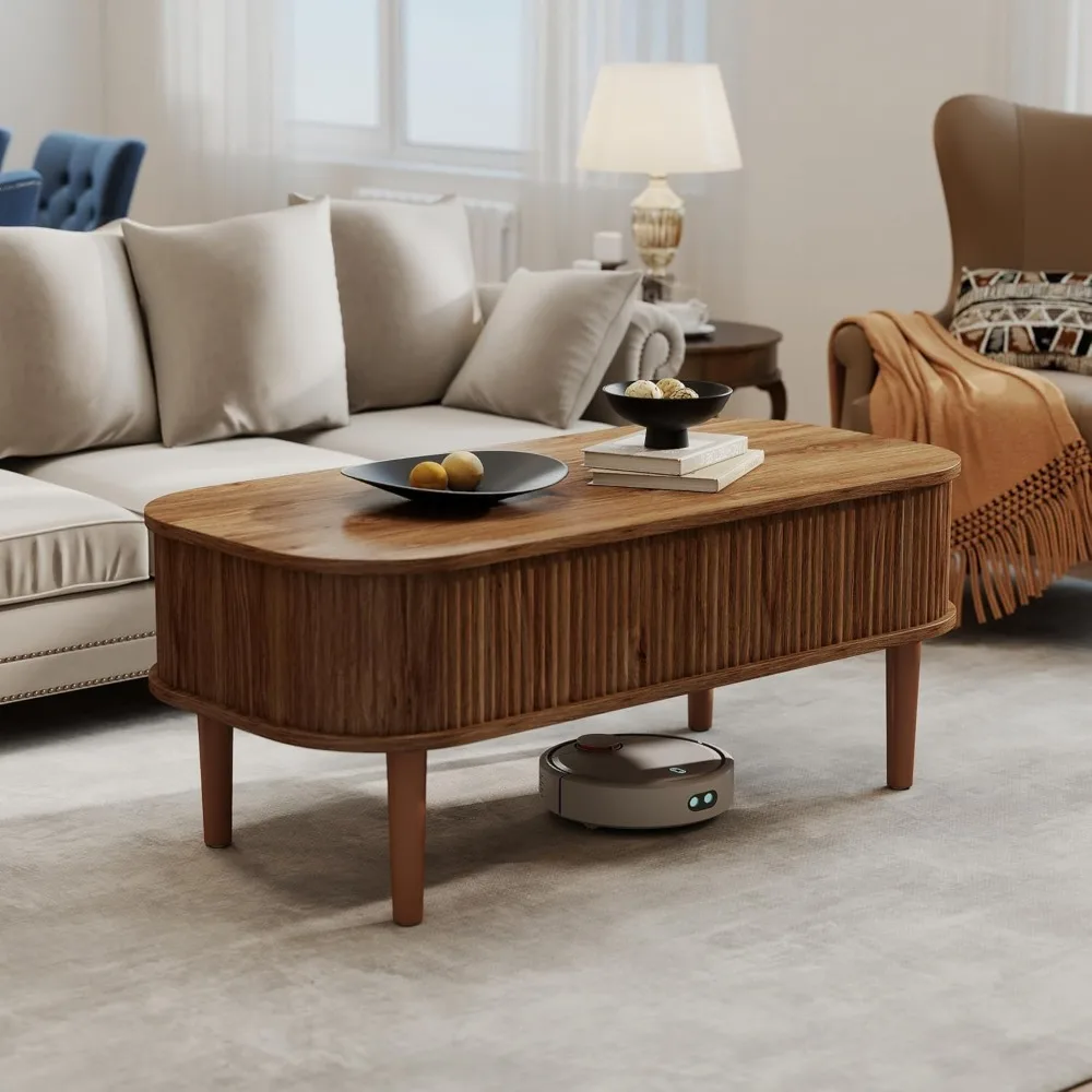 Table basse relevable cannelée avec rangement dissimulé, table basse ovale avec plateau relevable, d