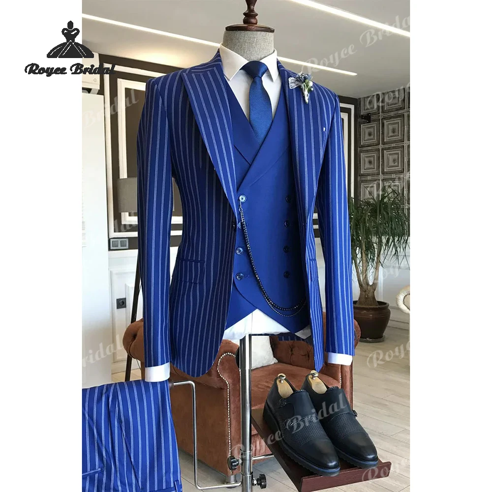 Abito da uomo monopetto in tre pezzi a righe blu da sposa 2026 Abito da ballo da sera con risvolto a punta Abiti personalizzati para hombre