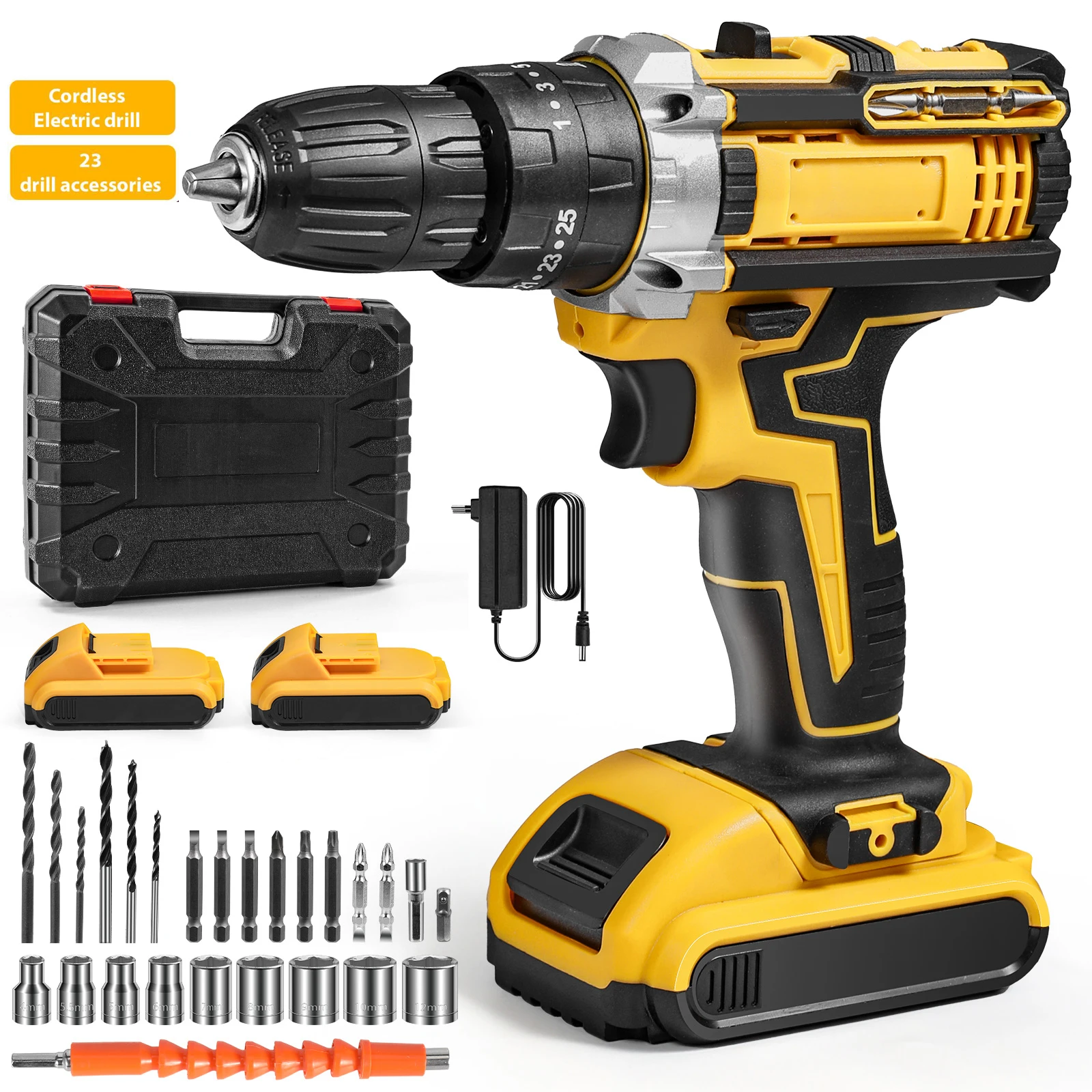 Destornillador de taladro de impacto eléctrico inalámbrico, destornillador eléctrico recargable de alta potencia, herramientas de bricolaje con 2 baterías