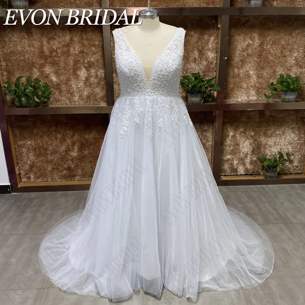 EVON BRIDAL Vestidos de novia en vivo de mayor tamaño mujer V cuello encaje túnica de perlas de Marié e Bohemia TUL a vestido de novia sin espalda aplicación romántica personalizada Playa de vestidos de novia mariage