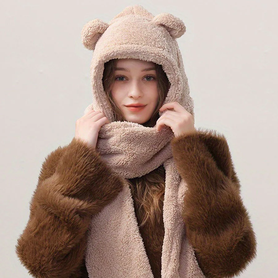 Women\'s Beige Hooded Scarf Cute Bear Ear Hat Faux Fur Gloves Set Soft Amazon.com: Hooded Scarfs for Women Winter, Cute Bear Scarf  main image 2