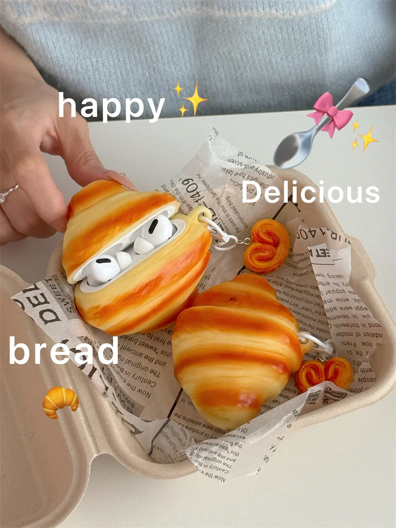 Korean Cute Bread croissant headphone case for Apple airpods pro2 Bluetooth earphone case airpods 1 2 3 Creative anti-drop case