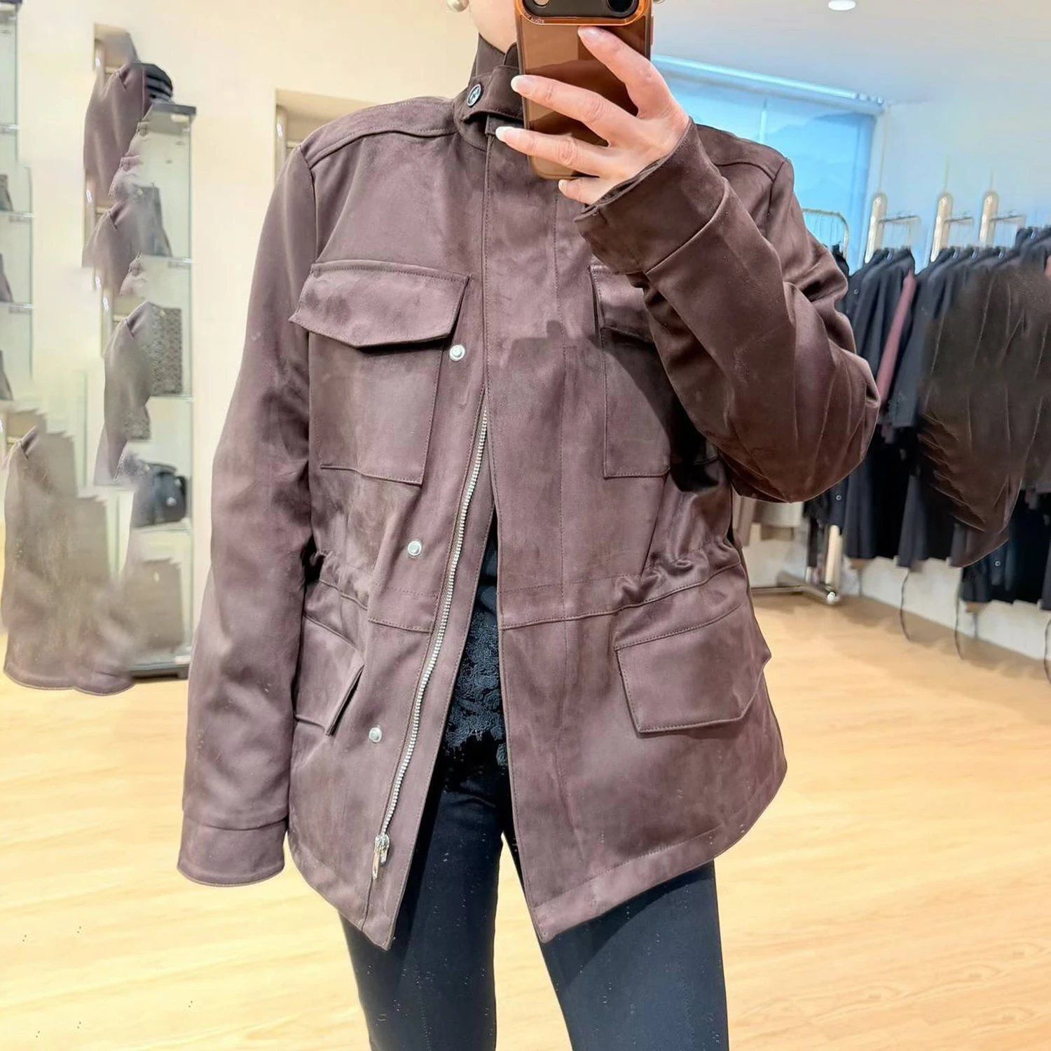 NOVA 2026 Women's Utility Jacket - Faux Suede, Stand Collar, Drawstring Waist, Multi-Pocket Casual Outerwear