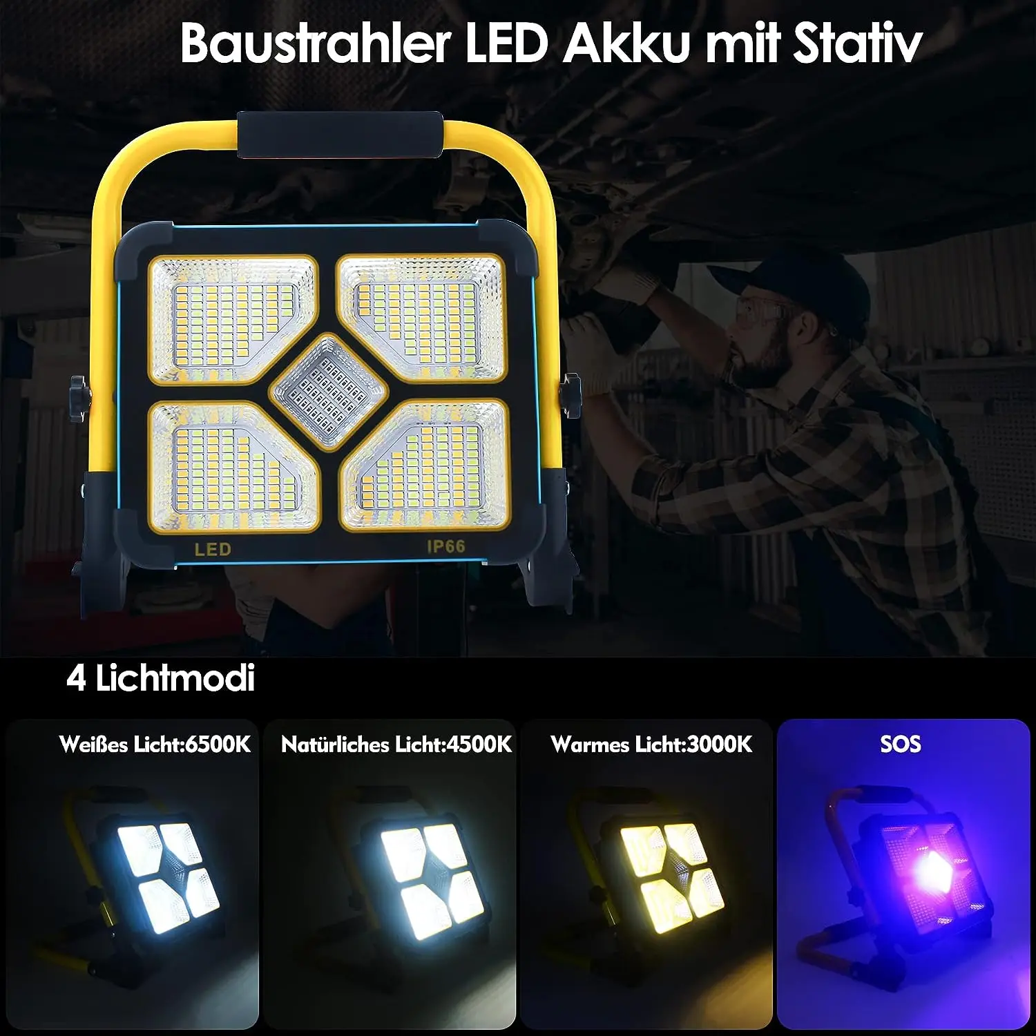 Schijnwerper Led Batterij Met Statief, Draagbare Led Spotlight Batterij Met 10500 Mah Batterij, Type C En Zonne-Energie Opladen, 4 Lichtmodi