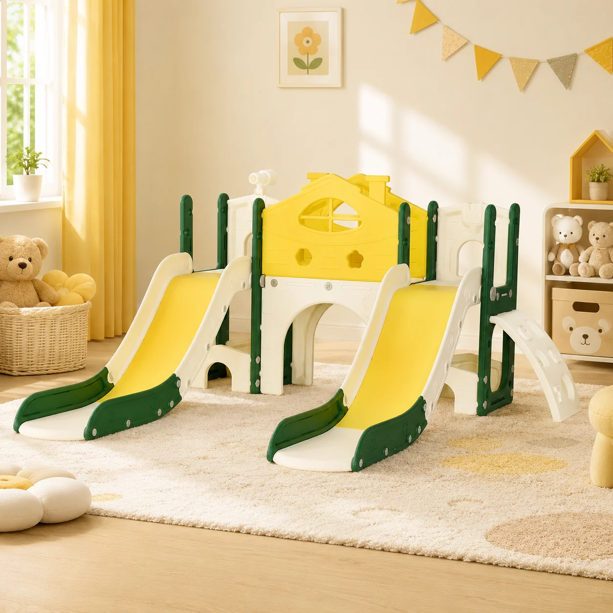 Aire de jeux pour enfants avec double toboggan, comprenant un château, des toboggans, des structures d'escalade, des tunnels et des télescopes, installations de jeux intérieures pour tout-petits