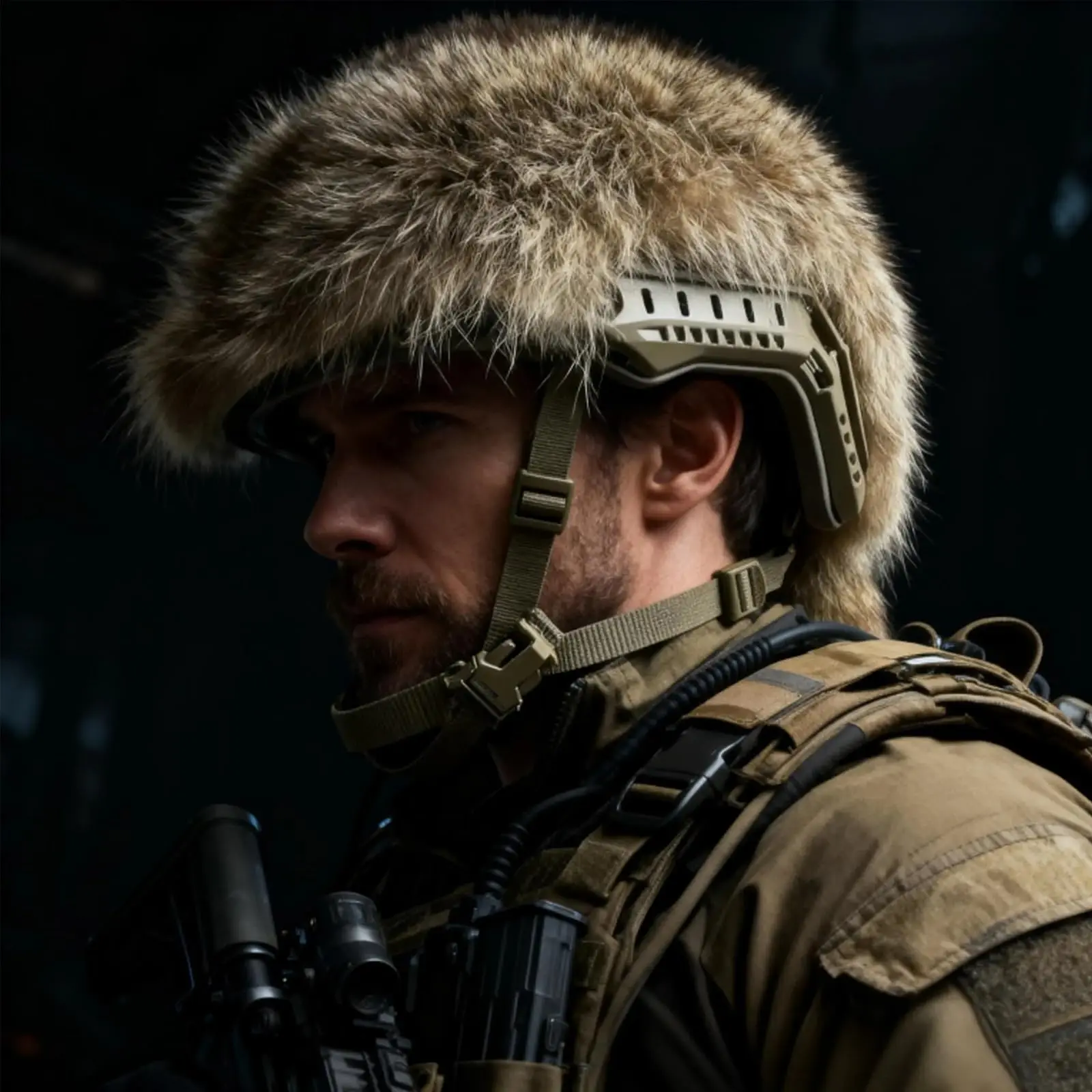 Raccoon Fur Fast High Cut Helmet, Complete Winter Bump Helmet with Windproof Snow Camo Cover for Outdoor Airsoft and Paintball