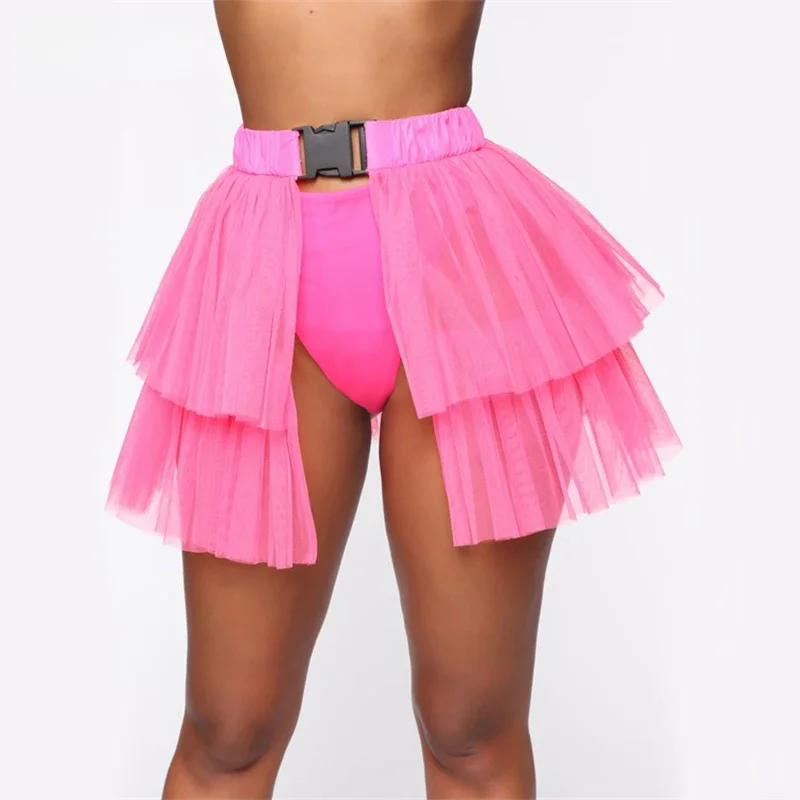 FestivalQueen Neonowa siateczka przezroczysta spódnica z klamrą dla kobiet plisowany tiul luźny patchwork Harajuku seksowna Mini szykowna spódnica noc Cl — zdjęcie 2
