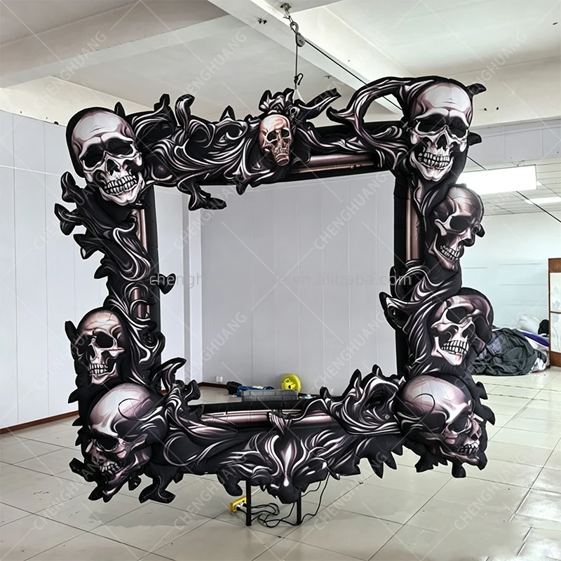 Giant Inflatable Skull Photo Frame, Spooky Skeleton Blow Up Photo Booth Backdrop for Halloween Party Event Display Props