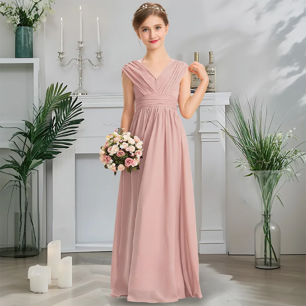 

A Kids Child V-Neck Junior Bridesmaid Dress Kids Flower Girl Dress Floor-Length Chiffon With Cascading Bow Wedding Party Kids