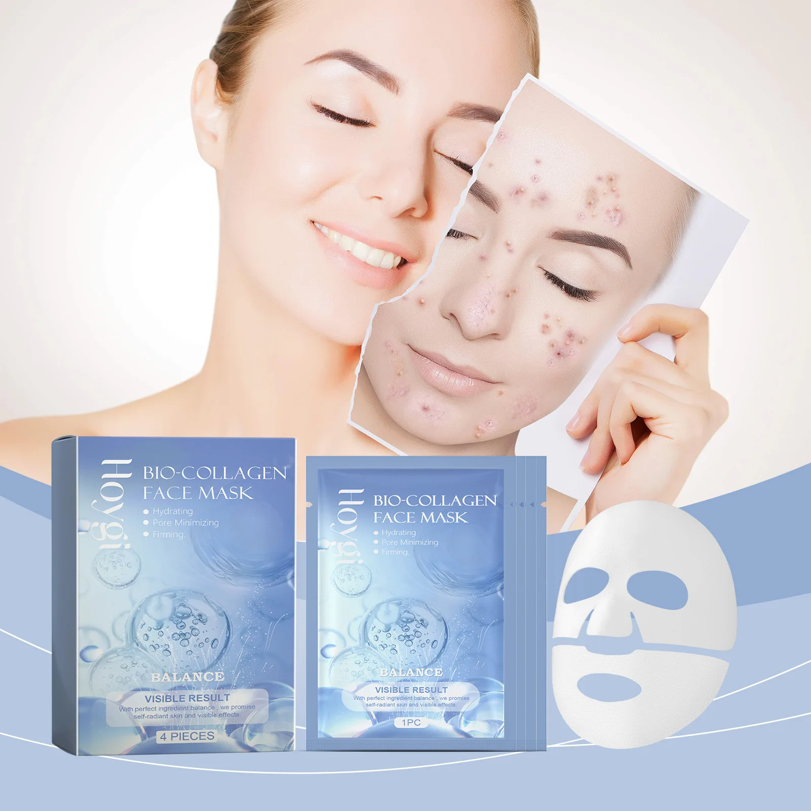 Hoygi 4pcs Bio Collagen Moisturizing Face Mask Brightening Facial Nourish Firming Shrink Pore Wrinkle Remove Hydrating Face Mask