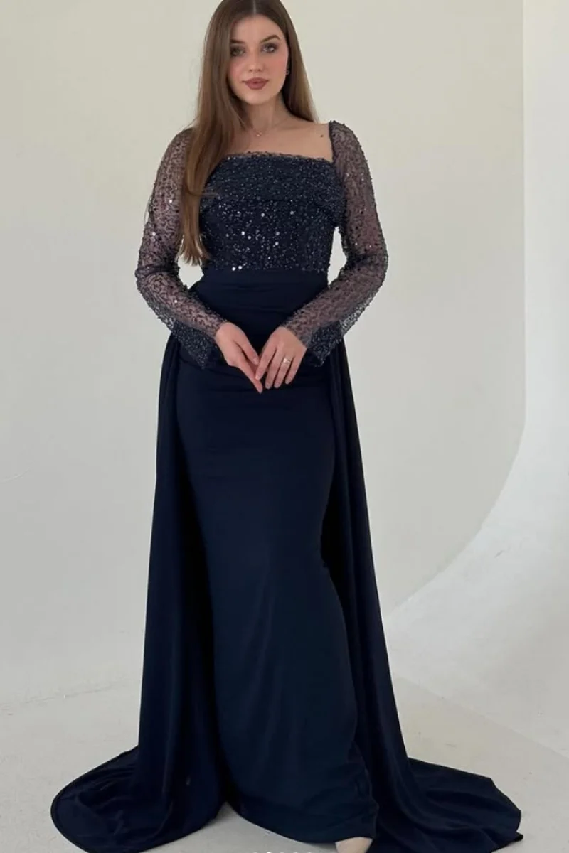Jessica maniche lunghe con paillettes scintillanti Abiti da sera Abiti da ballo blu scuro Sirena Lady Abiti da festa personalizzati
