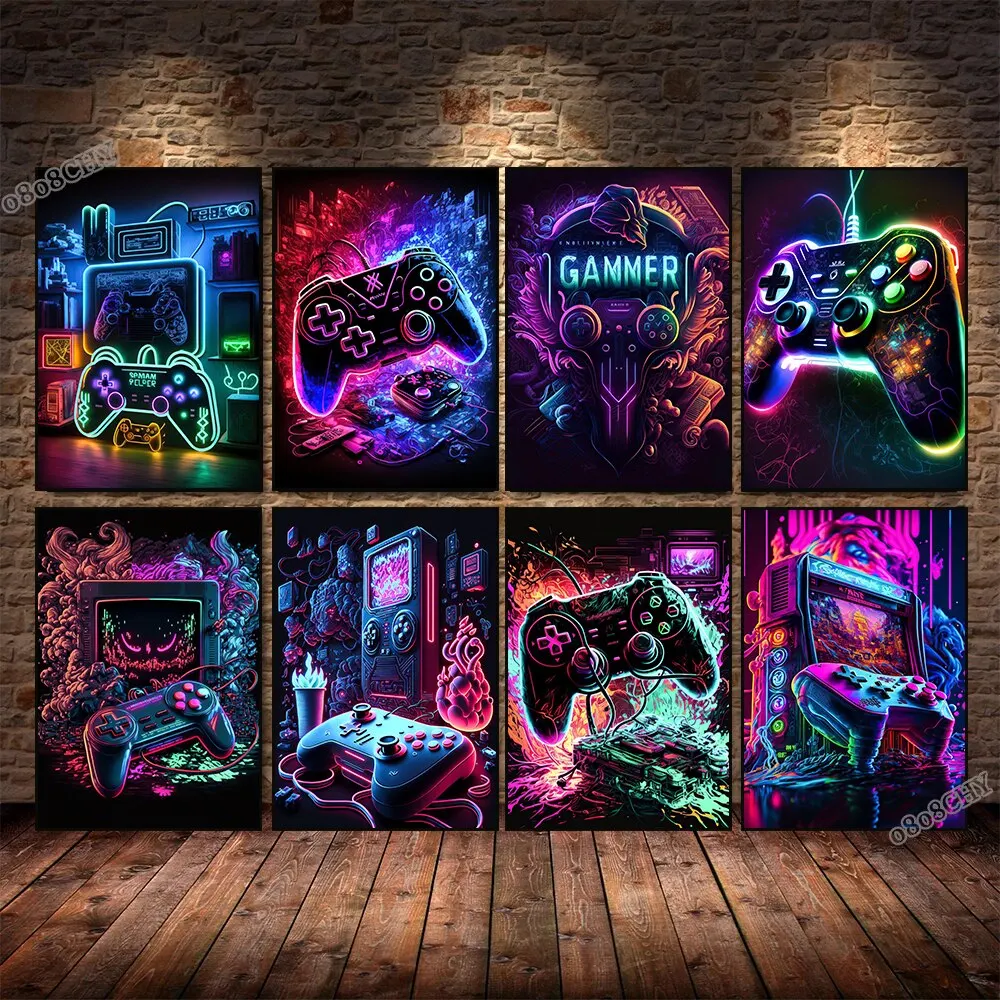 80S Neon Game Canvas Paintings Game Controller Gamepad Gaming Posters Canvas Prints Wall Art Pictures E-sports Gamer Room Decor