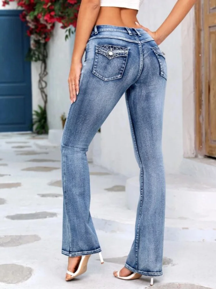 

2025 New Mid-waist Embroidery Boot Cut Jeans for Women Fashion Stretch Slim Fit Flared Jeans Casual Trousers